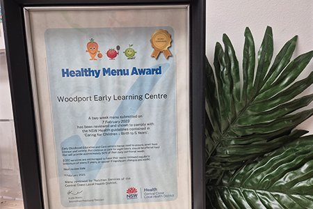 Woodport Early Learning Centre healthy menu award from NSW Health Nutrition Services